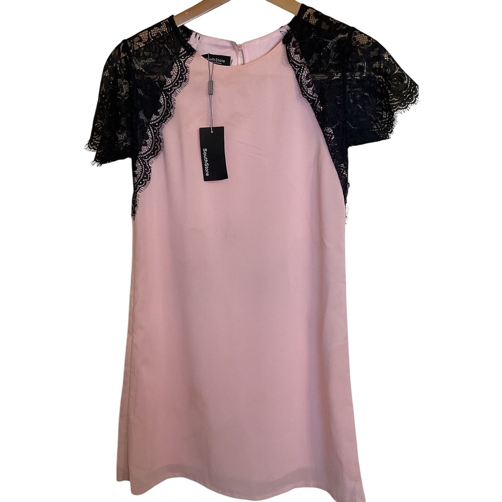 NWT Boutique Lace Sleeve Shift Dress Womens Medium Pink Black Coquette Victorian